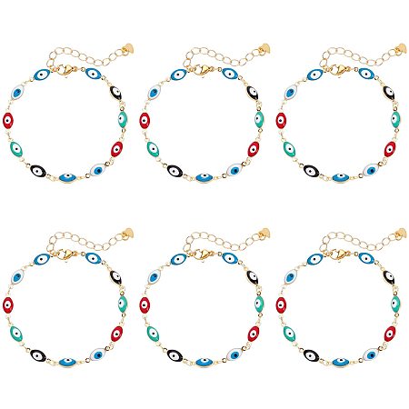 NBEADS 6 Sets Brass Enamel Evil Eye Bracelets Kit, Colorful Evil Eye Connector Charms with 304 Stainless Steel Lobster Claw Clasps and Chain Extender for Bracelet Earring Necklace DIY Jewelry Making