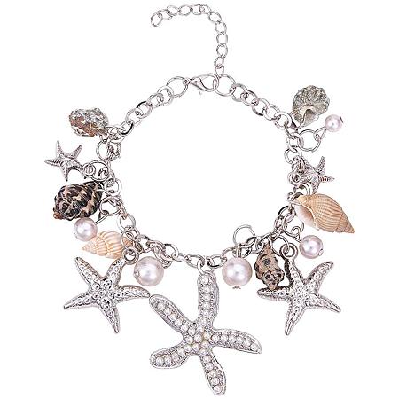 PH PandaHall Starfish Shell Bracelets Conch Starfish Faux Pearl Anklet Bracelet Charm Women Bohemian Adjustable Seashell Bracelet(7” with 2” Extend Chain)