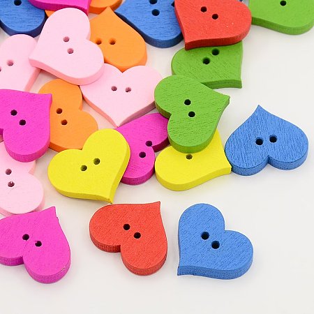 Honeyhandy Wooden Buttons, Dyed, 2-Hole, Heart, Mixed Color, 17x20x4mm, Hole: 1.5mm