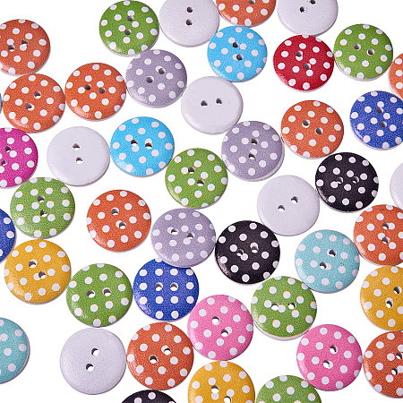 PandaHall Elite 50pcs Flat Round 2-Hole Dot Printed Wooden Buttons for Scrapbooking Swing Craft
