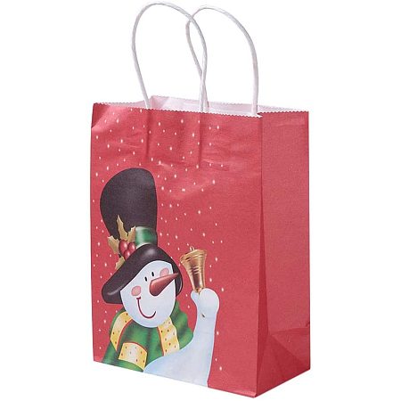 NBEADS 12 Pcs Christmas Theme Rectangle Paper Pouches with Nylon Thread Handles, Fashion Creative Paper Gift Shopping Bags with Snowman Pattern Printed for Kids Wrapping, Red