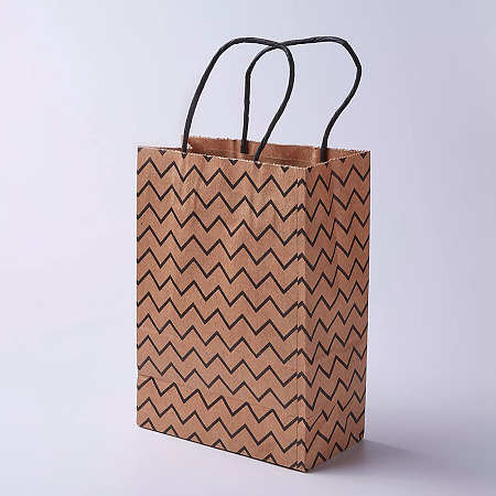 Honeyhandy kraft Paper Bags, with Handles, Gift Bags, Shopping Bags, Brown Paper Bag, Rectangle, Wave Pattern, Camel, 21x15x8cm