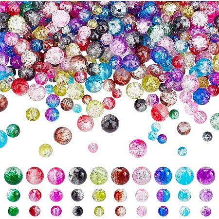 Arricraft About 900 Pcs 10 Colors Crackle Glass Beads, Mixed Style Round Glass Beads, Baking Painted Transparent Crackle Glass Beads for Necklace Bracelet Jewelry Making
