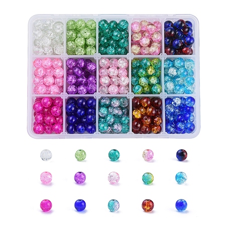 NBEADS Spray Painted Crackle Glass Beads Strands, Round, Mixed Color, 8mm; Hole: 1.3~1.6mm; 15 Colors, 28~30pcs/color, 420~450pcs/box