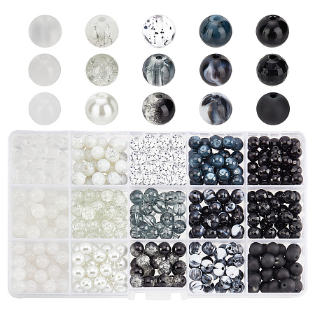 PandaHall Elite Marble Color Glass Beads, 15 Colors 405pcs Black White Bracelet Beads Bulk 8mm Opaque Acrylic Beads Loose Beads Spacers for Halloween Earring Necklace Bracelet Jewelry Making