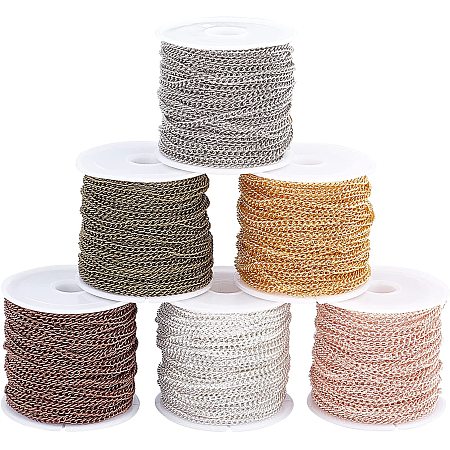 Arricraft 6 Rolls Iron Curb Chains, Twisted Link Chains with Card Paper, Metal Chain Bulk for Necklace Jewelry Accessories DIY Making- 32.8 Ft/Color