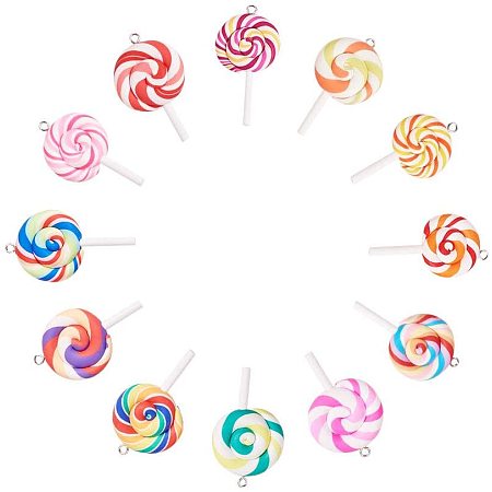 NBEADS 50 Pcs Colorful Lollipop Shape Polymer Clay Charm Pendants, Random Mixed Handmade Polymer Clay Big Pendant Link Charms Food Candy Slime Beads for Phone Straps Key Bag Decor DIY Jewelry Making
