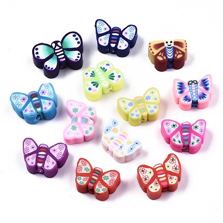 Honeyhandy Handmade Polymer Clay Butterfly Beads, Mixed Color, 8~10x10~12x4~5mm, Hole: 2mm