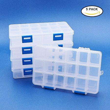 BENECREAT 5 Pack 18 Grids Jewelry Dividers Box Organizer Adjustable Clear Plastic Bead Case Storage Container 16.5x10x3cm, Compartment: 3x2.5cm