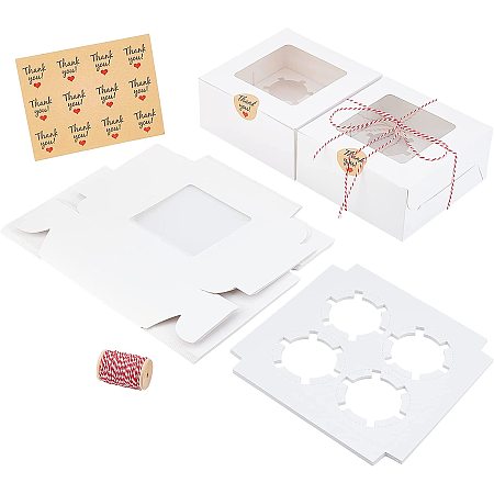 NBEADS 15 Sets Cupcake Box Set, 6.30x6.30x2.99 White Bakery Boxes with 4 Inserted Holders and Window Food Grade Cupcake Containers with Stickers and Cords for Proposal Birthday Party Wedding