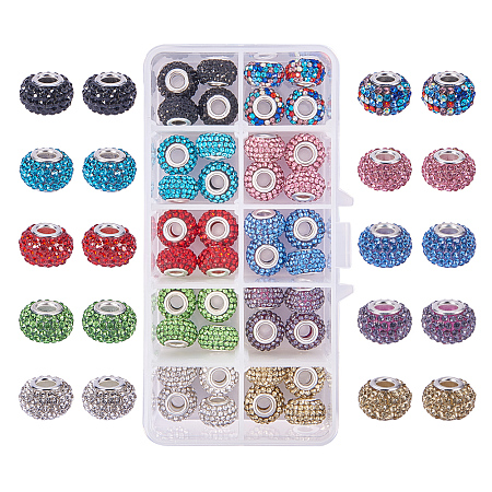 PandaHall Elite 1 Box 40 Pieces 10 Color 15x10mm Resin Pave Grade A Rhinestone European Beads with Silver Color Brass Double Cores Large Hole Rondelle Beads