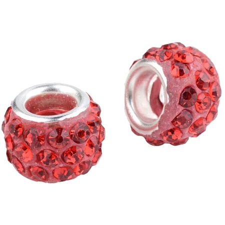 CHGCRAFT 100pcs Polymer Clay Rhinestone European Beads Large Hole Beads Light Red Beads Silver Plated Brass Core Beads Rondelle Beads Necklace Bracelet Charming Beads Hole 5mm