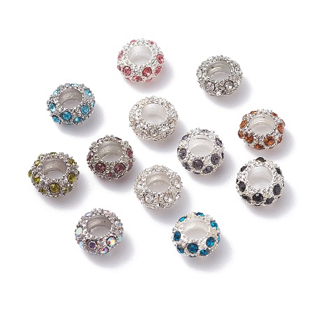 ARRICRAFT Alloy Rhinestone European Beads, Large Hole Beads, Rondelle, Silver Color Plated, Mixed Color, 11x5.5mm, Hole: 5.2mm