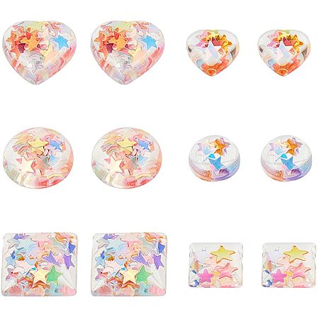 NBEADS 300 Pcs Star Paillette Embellished Resin Cabochons, Square/Heart/Round Shape Flat Round Resin Slime Beads DIY Handcraft Accessories for Scrapbooking Phone Case Decor Ring Earring Making