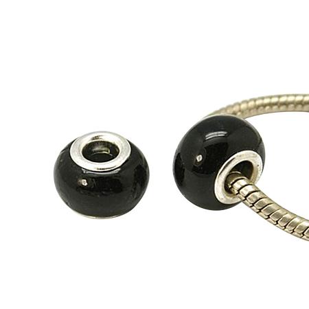NBEADS 200 Pcs Handmade Lampwork European Beads, Black Rondelle Large Hole Beads with Silver Plated Brass Core for Jewelry Making