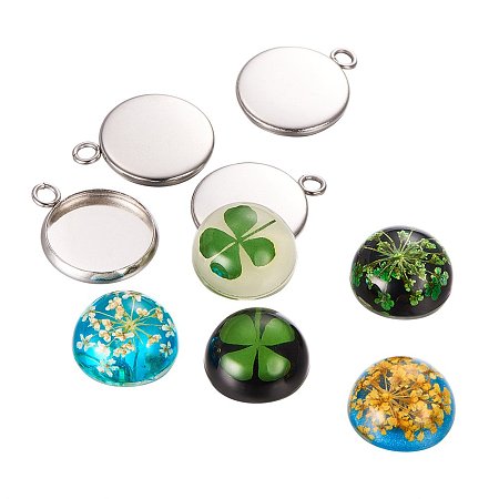 ARRICRAFT 10 Sets DIY Jewelry Pendant Making Sets, with 14mm Resin Dome Dried Flower Cabochons and 304 Stainless Steel Pendant Frame Tray Settings 19.5x16x2mm
