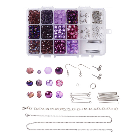 DIY Jewelry Set Making, with Glass Beads, 316 Stainless Steel Earring Hooks and Jump Rings, Iron Cable Chain Bracelet Making, Platinum, 16.5x10.8x3cm