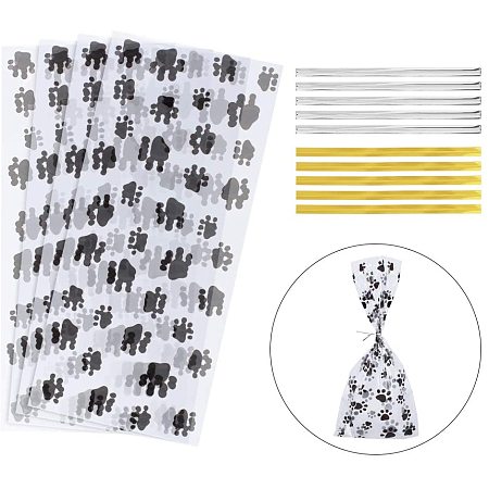 NBEADS 200 Pcs Dog Paw Print Cellophane Bags, Self-Adhesive OPP Cellophane Bags and 200 Pcs Golden/Silver Iron Core Plastic Wire Twist Ties for Kitchen Party Favor Cookie Candy Chocolate Packaging