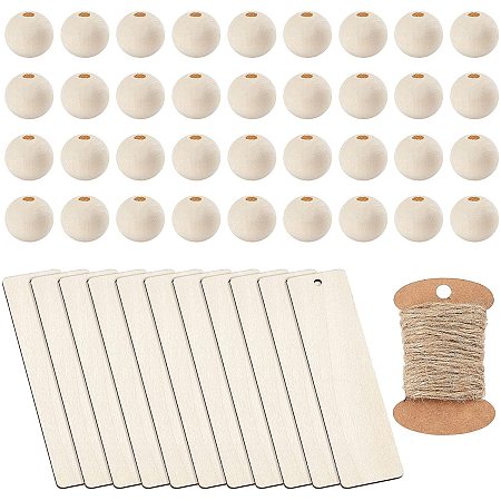 NBEADS 20mm Wooden Beads Set, 100 Pcs Natural Round Wood Beads with 20 Pcs Rectangle Unfinished Blank Poplar Wood Pendants and 10m 3 Ply Jute Cord for Crafts DIY Decorations Jewellery Making