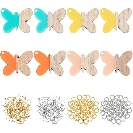 OLYCRAFT 8Pcs Resin Wooden Earring Pendants Dangle Butterfly Earring Making Kits Resin & Walnut Wood Pendants with 40Pcs Iron Hooks and 80Pcs Jump Ring for Jewelry Making - Mixed Color