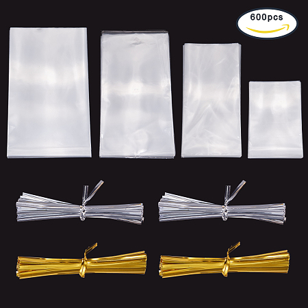 PandaHall Elite 400 Pcs 4 Mixed Sizes Clear Treat Bags Clear Cello Bags with 400 Pcs Twist Ties for Wedding Cookie Gift Candy Buffet Supply