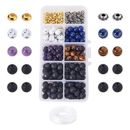 PandaHall Elite 200 Pcs Natural Gemstone Round Loose Beads with 100 Pcs Metal Spacer Beads and 0.8mm Stretchy Beading Elastic Wire 10m per Roll