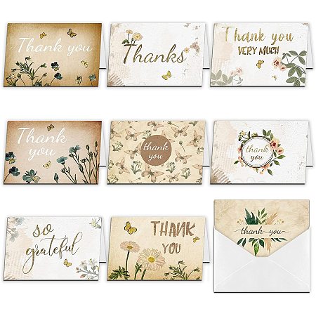 ARRICRAFT 9pcs Thank You Cards Multipack Retro Flower Theme Greeting Cards with Envelopes for Wedding Bridal Shower Birthday Christmas Thanksgiving Day Invitation Cards