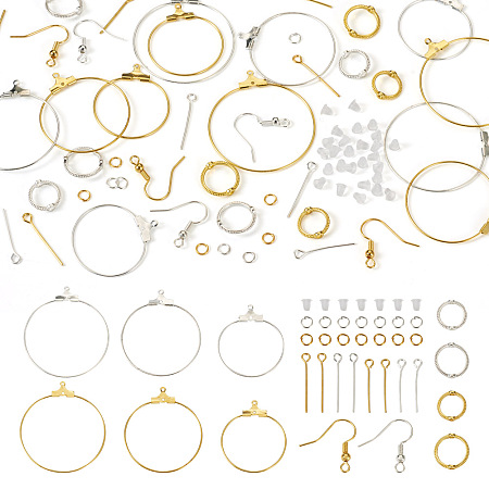 DIY Earring Making Finding Kit, Including Iron Ring Wire Pendants & Eye Pin, Alloy Bead Frames, Brass Earring Hooks & Jump Rings, Plastic Ear Nuts, Golden & Silver, 690Pcs/box