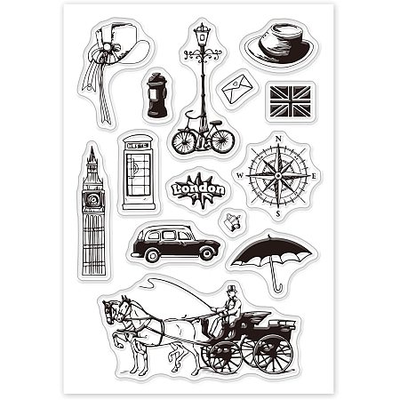 GLOBLELAND British Style Clear Stamps Silicone Stamp Cards London Tower Carriage Car Bicycle Umbrella Vintage Clear Stamps for Card Making Decoration and DIY Scrapbooking