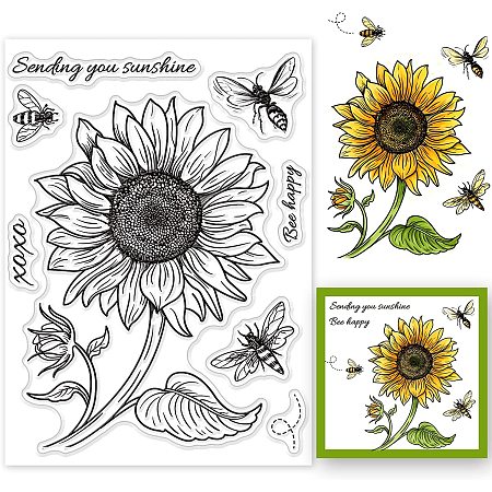 GLOBLELAND Sunflower and Big Bumble Background Clear Stamp Card Sketched Florals Silicone Clear Stamp for Scrapbook Journal Card Making