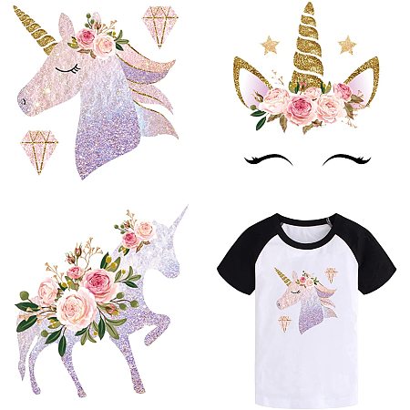 Arricraft 4pcs PET Unicorn Pattern Iron-on Heat Transfer Stickers Iron On Patches Washable Heat Transfer Stickers Clothes Patch Appliques for DIY Clothes Repair and Decoration About 8x5.5inch
