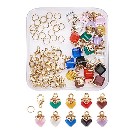 ARRICRAFT Yilisi DIY Jewelry Finding, Glass Cube Charms, with Alloy Findings, Brass Lobster Claw Clasps & Jump Rings, Golden, Mixed Color, 74x77.4x7.2x1.7cm