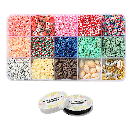 Arricraft 2600Pcs Disc/Flat Round Polymer Clay Beads, 10Pcs Starfish & Leaf CCB Plastic & Alloy Pendants, 10Pcs Oval Shell Beads, Zinc Alloy Clasps, Iron Findings and Elastic Thread, for DIY Jewelry Making Kits, Mixed Color, Polymer Clay Beads: 2600pcs/set