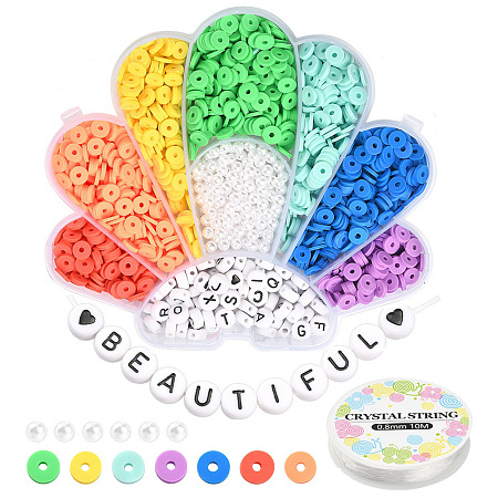 Honeyhandy DIY Heishi Surfer Bracelet Making Kit, Including Polymer Clay Disc & ABS Plastic Imitation Pearl & Acrylic Letter Beads, Elastic Thread, Mixed Color, Beads: 1765Pcs/bag