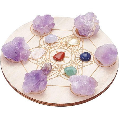 NBEADS Metatron's Cube Crystal Grid with Chakra Crystal, Crystal Grid Board Chakra Stone Set Wooden Plate Energy Dome for Yoga Meditation Chakra Balancing, Ornaments Display