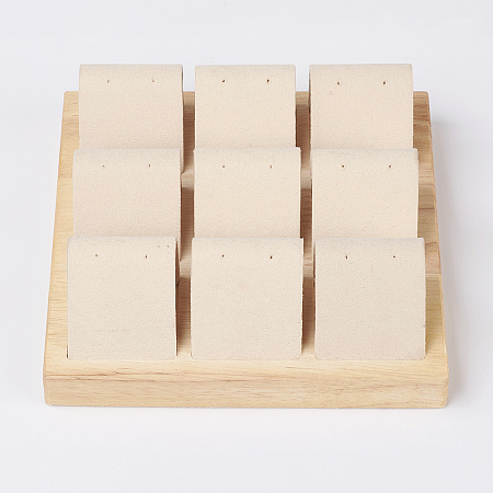 Honeyhandy Wood Earring Displays, with Faux Suede, 9 Compartments, Square, PeachPuff, 15x15x1.8cm