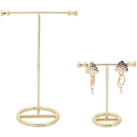 FINGERINSPIRE Gold Metal 2Pcs T Bar Earring Display Stand Without Hole Jewelry Holders Hanging Jewelry Organizer for Jewelry Store Retail Photography Props【Gold- Round Base 2 Heights 5.9 & 2.8 Inch】