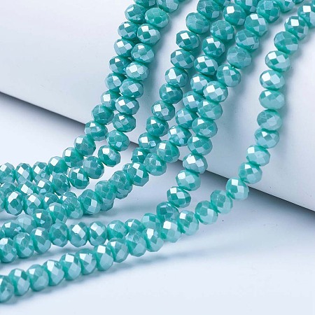 ARRICRAFT Electroplate Glass Beads Strands, Pearl Luster Plated, Faceted, Rondelle, Medium Turquoise, 10x8mm, Hole: 1mm, about 62pcs/strand, 22.05 inches(56cm)