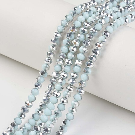 Honeyhandy Electroplate Opaque Glass Beads Strands, Half Silver Plated, Faceted, Rondelle, Pale Turquoise, 4x3mm, Hole: 0.4mm, about 130pcs/strand, 16.54 inch(42cm)