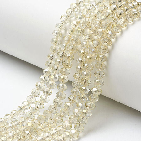 Honeyhandy Electroplate Transparent Glass Beads Strands, Half Rainbow Plated, Faceted, Rondelle, Light Yellow, 4x3mm, Hole: 0.4mm, about 123~127pcs/strand, 16.5~16.9 inch(42~43cm)