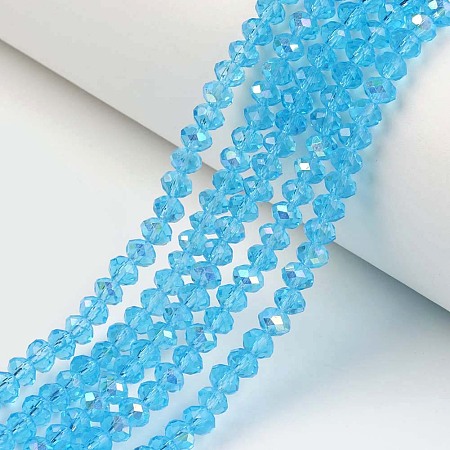 Honeyhandy Electroplate Glass Beads Strands, Half Rainbow Plated, Faceted, Rondelle, Deep Sky Blue, 4x3mm, Hole: 0.4mm, about 123~127pcs/strand, 16.5~16.9 inch(42~43cm)