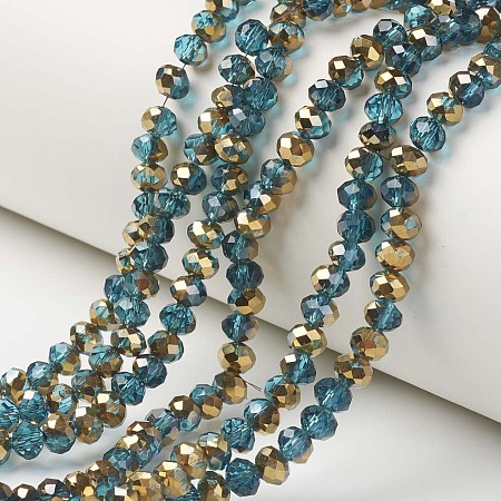 Honeyhandy Electroplate Transparent Glass Beads Strands, Half Golden Plated, Faceted, Rondelle, Cornflower Blue, 4x3mm, Hole: 0.4mm, about 130pcs/strand, 16.54 inch(42cm)