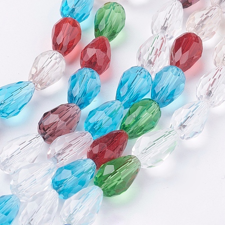 Honeyhandy Glass Beads Strands, Faceted, Drop, Colorful, 12x8mm, Hole: 1mm, about 56~58pcs/strand, 25~27 inch