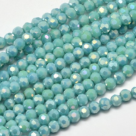 Faceted Round Full Rainbow Plated Electroplate Glass Beads Strands, Turquoise, 4mm, Hole: 1mm; about 100pcs/strand, 14.9