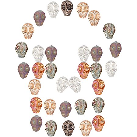 SUNNYCLUE 1 Box 60Pcs 6 Colors Halloween Skull Beads Skeleton Head Charms Glass Loose Spacer Large Hole Transparent Bead Shinny Halloween Themed Decorations for Jewelry Making Bracelets Crafts