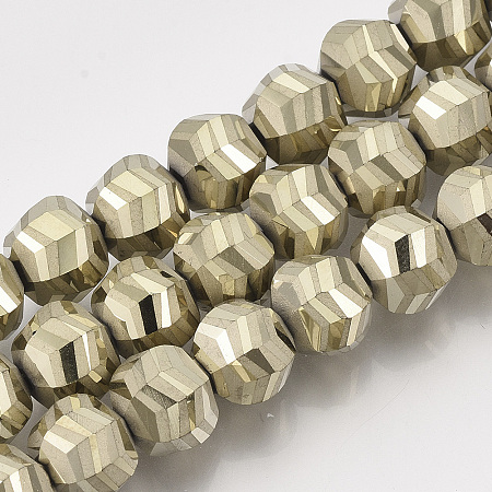 Honeyhandy Electroplate Glass Beads Strands, Frosted, Faceted, Round, Light Khaki, 9x10x8.5mm, Hole: 1.5mm, about 70pcs/strand, 24.4 inch