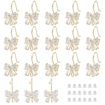 CHGCRAFT 18Pcs Brass Micro Pave Clear Cubic Zirconia Earring Hooks, with Loop, Bowknot, with 30Pcs Plastic Ear Nuts, Golden, 19x11mm, Hole: 2.5mm, Pin: 0.7mm