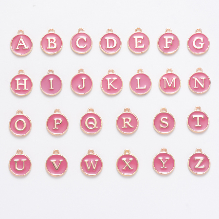 Golden Plated Alloy Enamel Charms, Enamelled Sequins, Flat Round with Alphabet, Letter A~Z, Turquoise, Flamingo, 14x12x2mm, Hole: 1.5mm; 26pcs/set