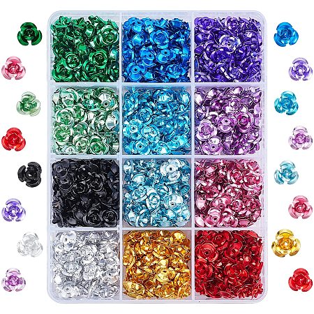 PandaHall Elite 720pcs Flower Spacer Beads 12 Color Metal Flower 3D Charms Aluminum Rose Beads Tiny Rose Metal Beads for Jewelry Making Hair Pin Nail Art Decoration DIY Craft
