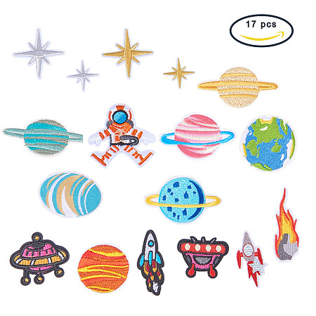 BENECREAT 17PCS Space Theme Iron On Patches– Embroidered Patches Appliqué Motif Applique Kit Assorted Size Decoration Sew On Patches for Jackets, Backpacks, Jeans, Clothes